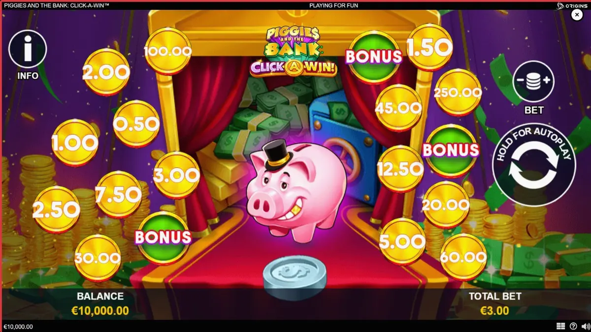 Piggies and the Bank: Click-A-Win slot gameplay dengan tema babi mewah dan brankas emas