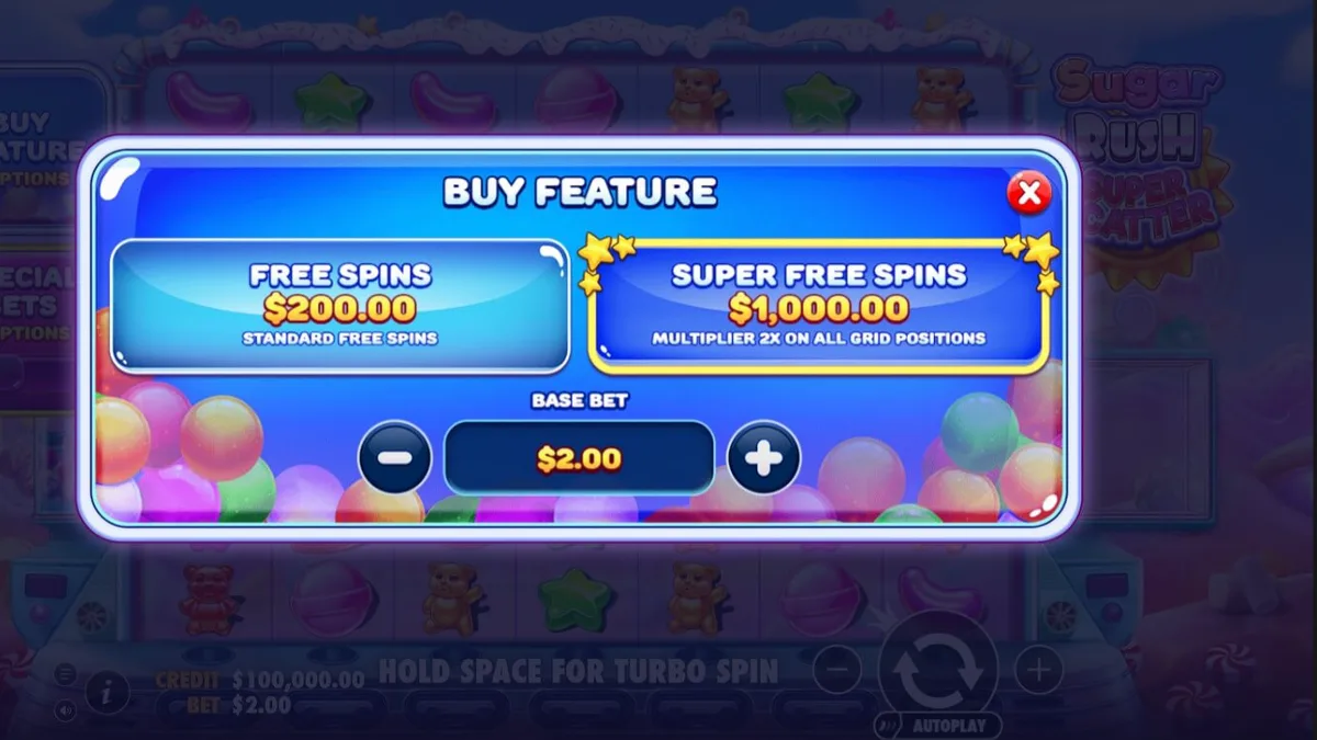 Sugar Rush Super Scatter slot machine grid with candy symbols