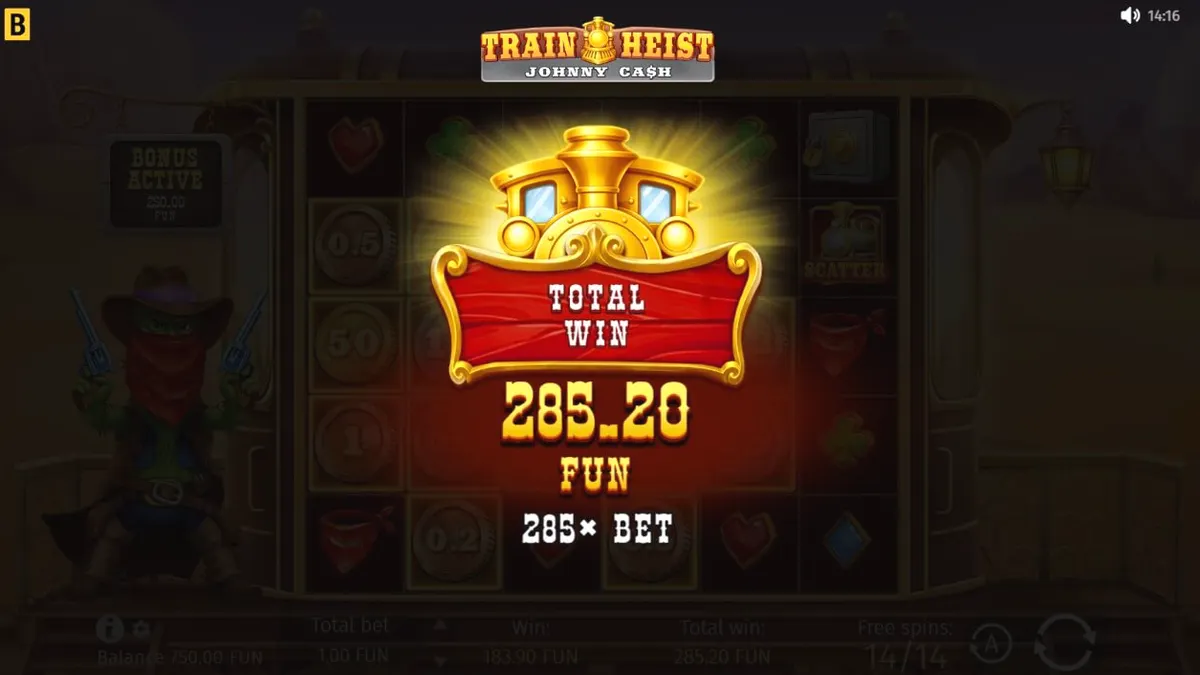 Tampilan visual slot Train Heist Johnny Cash dengan tema koboi dan gurun