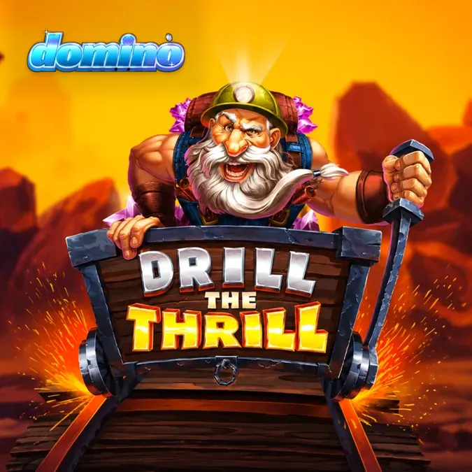 Tampilan visual slot Drill the Thrill dengan tema pertambangan dan simbol kristal.